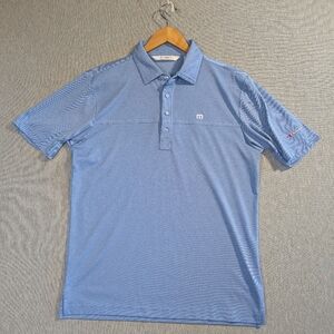 Travis Mathew Golf Polo Shirt Men's Medium Blue Company Name Sleeve